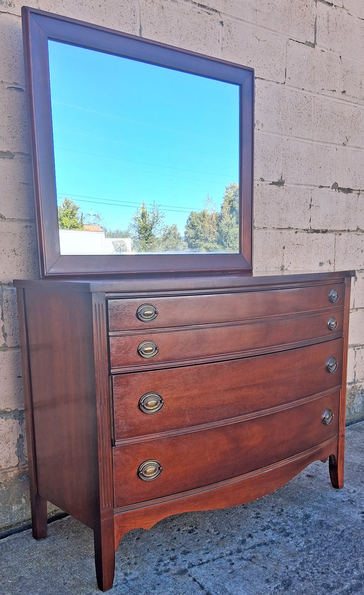 Antique Vintage Old Colonial Federal Dixie Solid Mahogany Wooden Bowed Curved Bow Front Dresser Credenza Cabinet Chest Mirror Bedroom Vanity