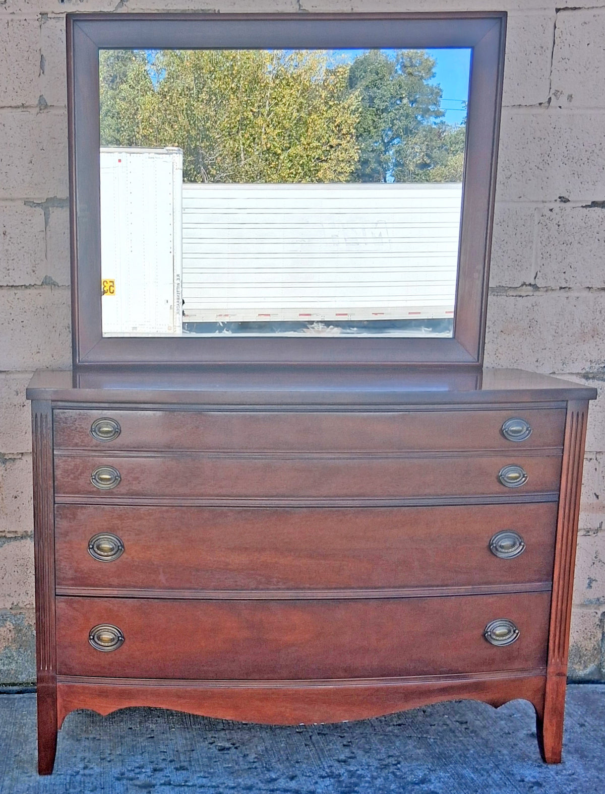 Antique Vintage Old Colonial Federal Dixie Solid Mahogany Wooden Bowed Curved Bow Front Dresser Credenza Cabinet Chest Mirror Bedroom Vanity