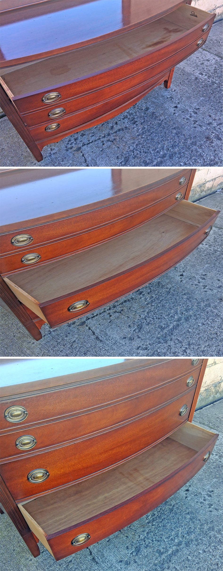 Antique Vintage Old Colonial Federal Dixie Solid Mahogany Wooden Bowed Curved Bow Front Dresser Credenza Cabinet Chest Mirror Bedroom Vanity