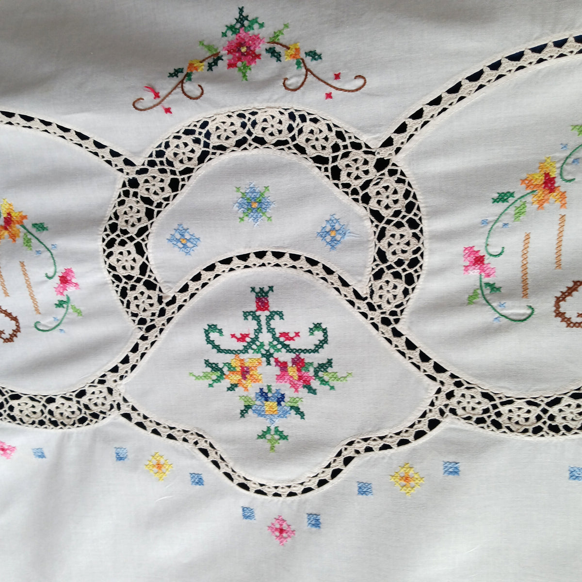 Vintage Elegant Tablecloth Crochet Lace Embroidered Cross Stitch Floral Beige Linen Medallion Rectangle Dining Table Cover 64” W x 94“ L