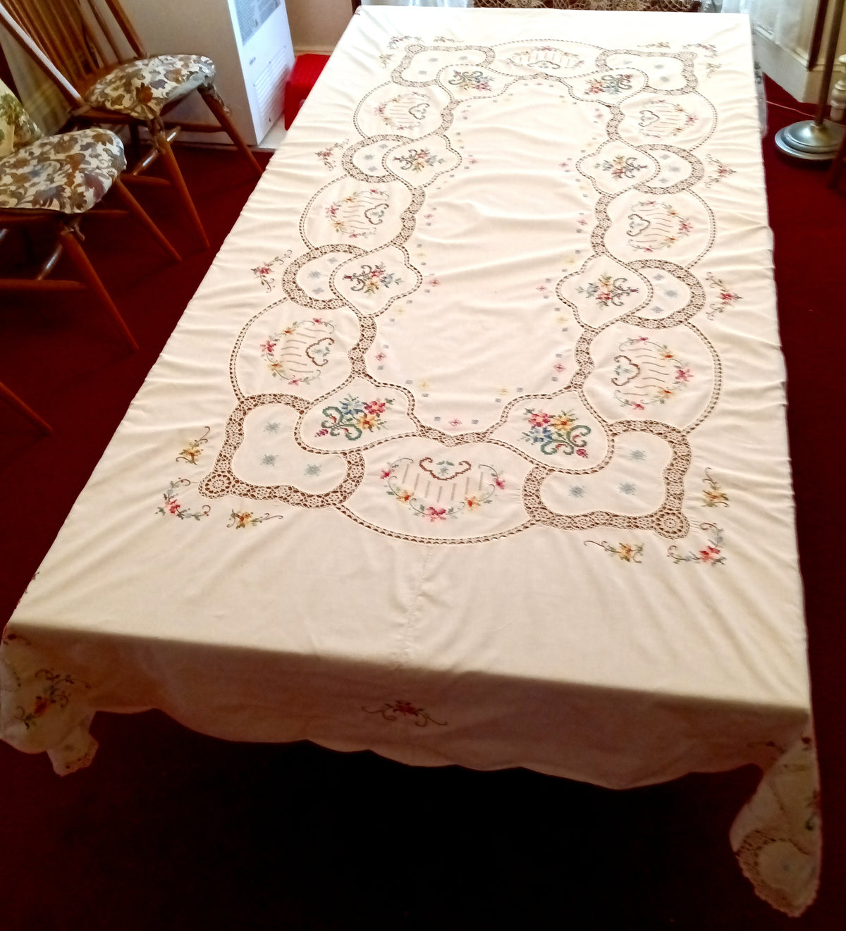 Vintage Elegant Tablecloth Crochet Lace Embroidered Cross Stitch Floral Beige Linen Medallion Rectangle Dining Table Cover 64” W x 94“ L