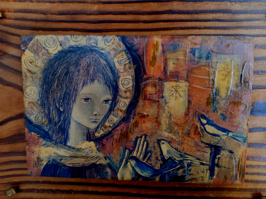Vintage Handmade Wall Art Wooden Plaque Oriental Girl with Birds Shellac/ Lacquer over Lithography Raised Grain Wood Wall Decor