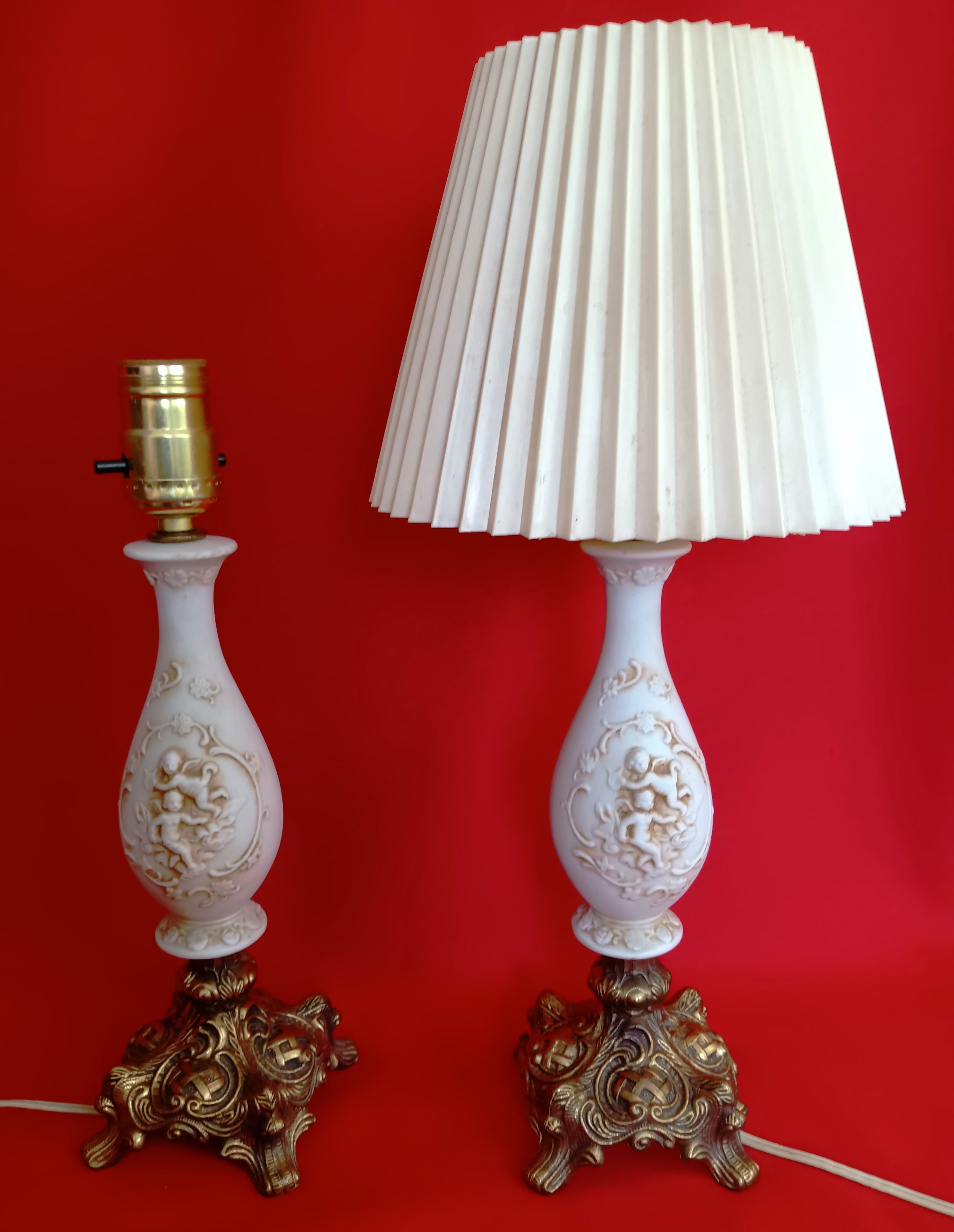 Pair Bisque Porcelain Mid Century Accent Table Lamps Off White w Embo PennAntique