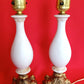 Pair Bisque Porcelain Mid Century Accent Table Lamps Off White w/ Embossed Cherubs/Angels Gold Cast Brass Footed Base Rococo Style Retro