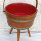 Mid Century Colonial Style Floor Standing Wooden Bucket Tripod & Red Plastic Lining Handed Plant Stand Sewing Basket Planter Wastebasket