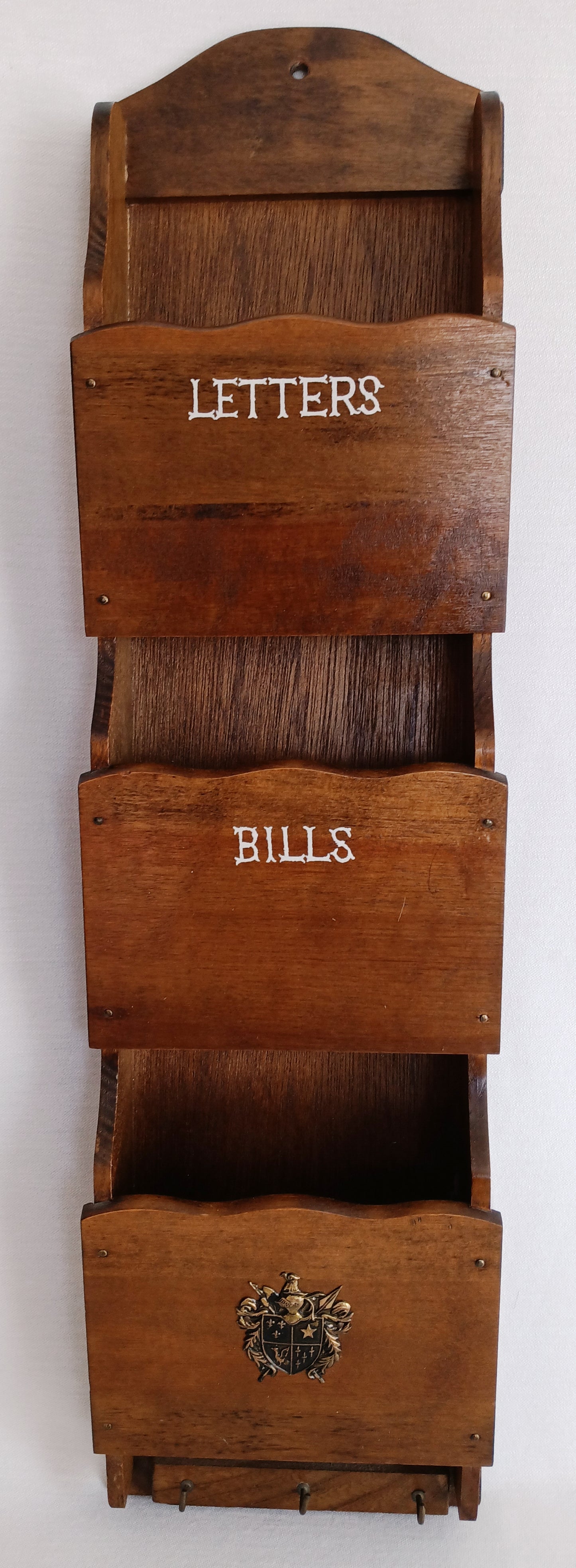 Vintage Handcrafted Carved Wooden Mail Holder Sorter Letters Bills 3 Slots Brass Shield Accent 3 Hooks Wall Organizer Hanging Shelf - Japan
