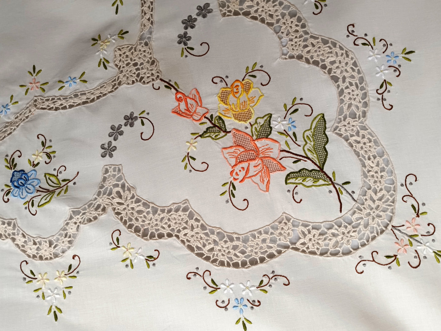 Vintage Elegant Tablecloth Crochet Lace Embroidered Floral Beige Linen Cotton Medallion Rectangle Dining Table Cover 66” W x 82“L