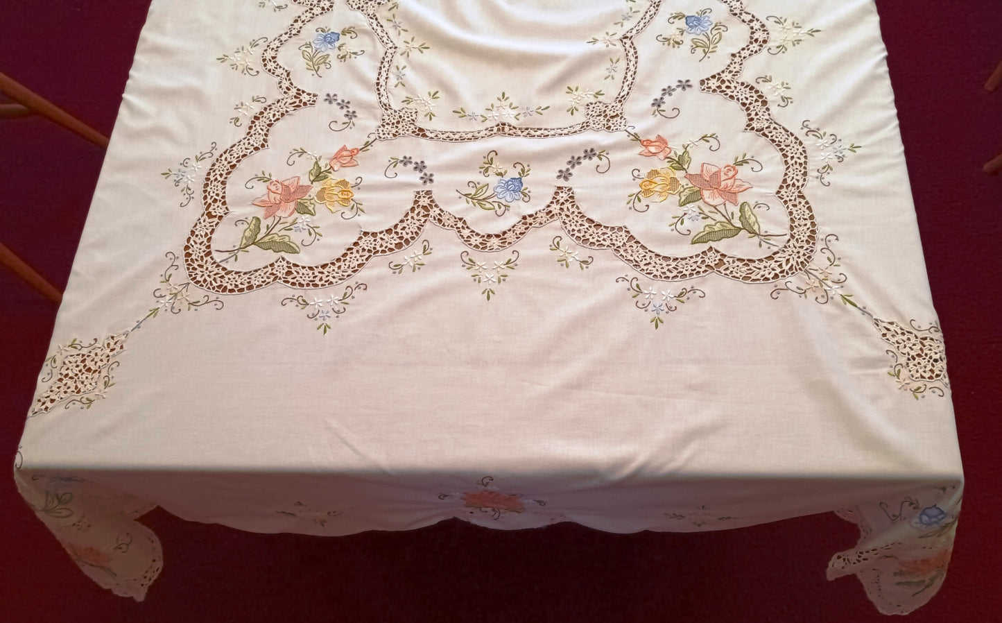Vintage Elegant Tablecloth Crochet Lace Embroidered Floral Beige Linen Cotton Medallion Rectangle Dining Table Cover 66” W x 82“L