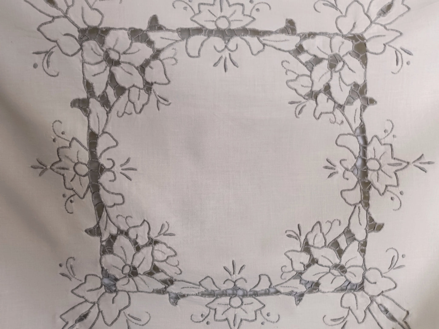 Vintage Ivory Cotton Linen Small Tablecloth Embroidered Floral Cut Work Design Machine Stitching Ecru Color Thread Large Doily 41” W x 41” L