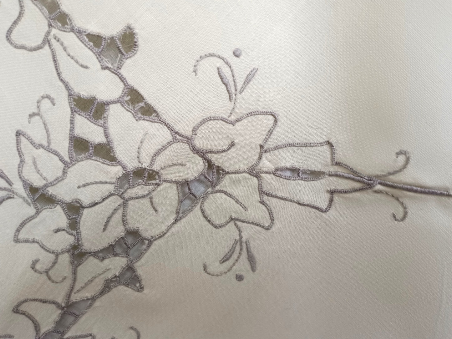 Vintage Ivory Cotton Linen Small Tablecloth Embroidered Floral Cut Work Design Machine Stitching Ecru Color Thread Large Doily 41” W x 41” L