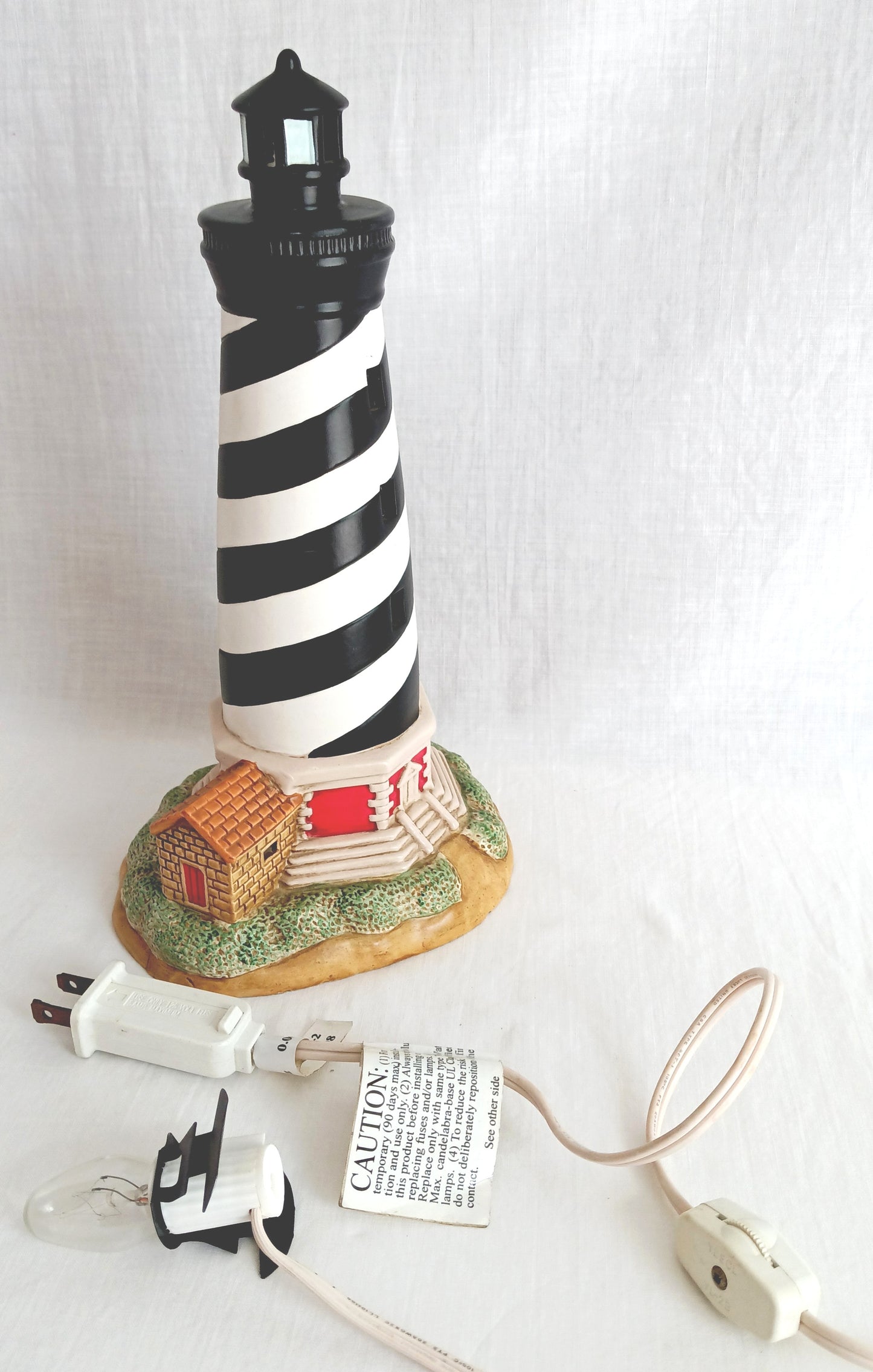 Vintage Lefton 1991 Portable Lighthouse Lamp Hand Painted Ceramic In Line Switch Historic American Replica Cape Hatteras Light 1870 #00133