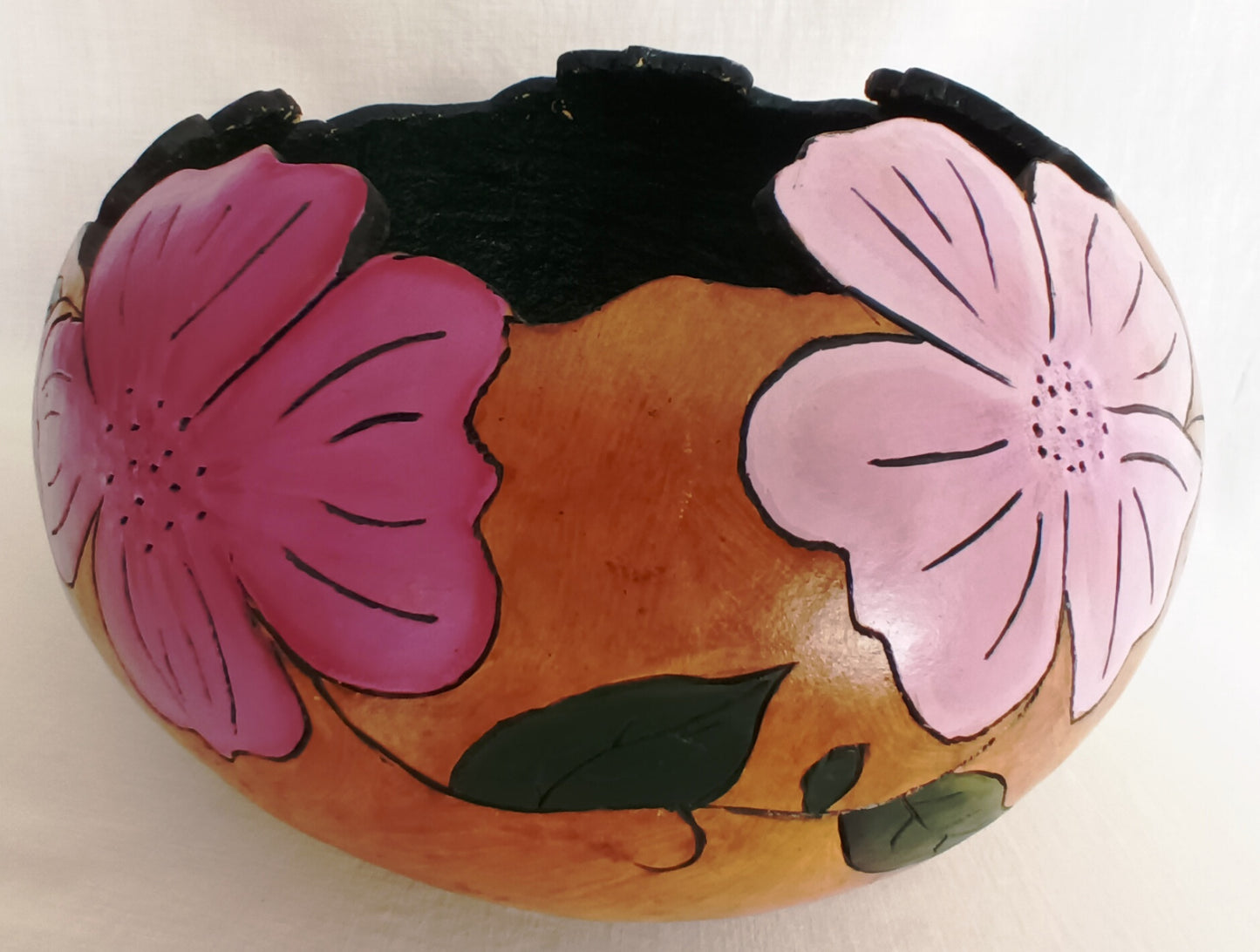 Handmade Large Gourd Planter Colorful Floral Hand Painted Plant Flowers Display Stand Hand carved Bowl Gourd Art Home Décor 11.5” D-NOS