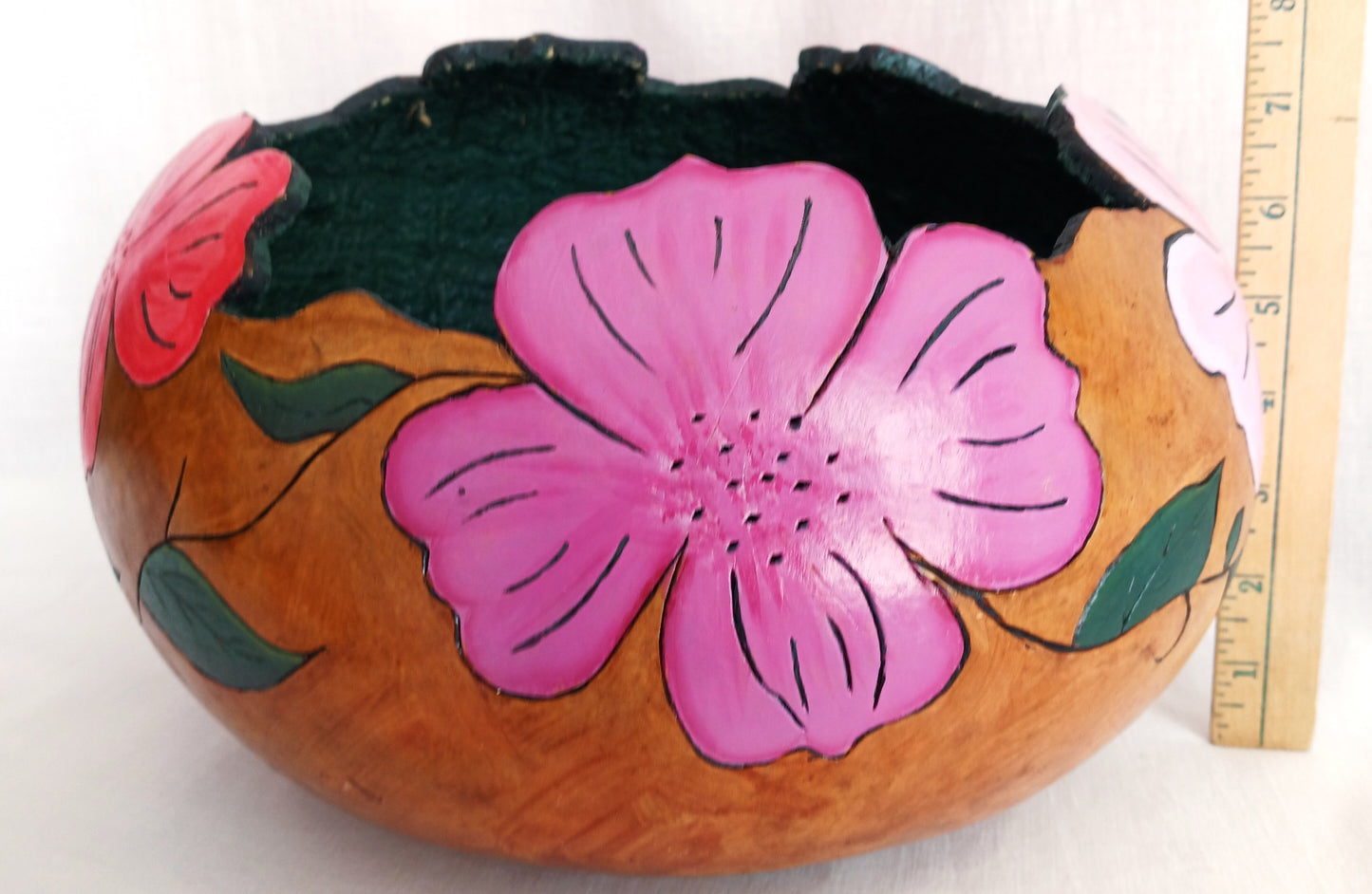 Handmade Large Gourd Planter Colorful Floral Hand Painted Plant Flowers Display Stand Hand carved Bowl Gourd Art Home Décor 11.5” D-NOS