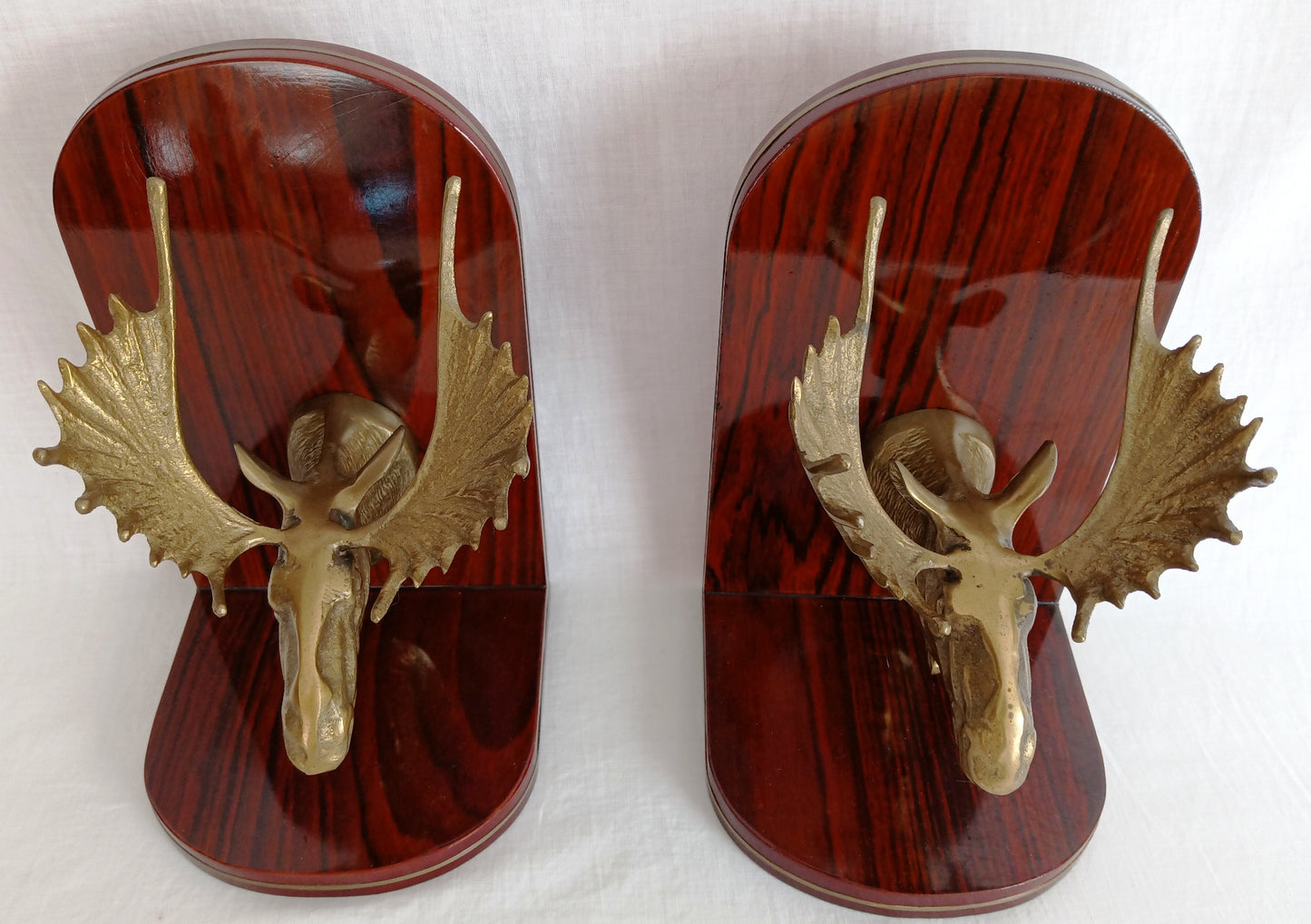 Vintage Set of 2 Solid Brass Moose Heads Bookends Mounted on Cherry Type Wood Home Accent Gift for Him Office Display Gatco-Made in Korea