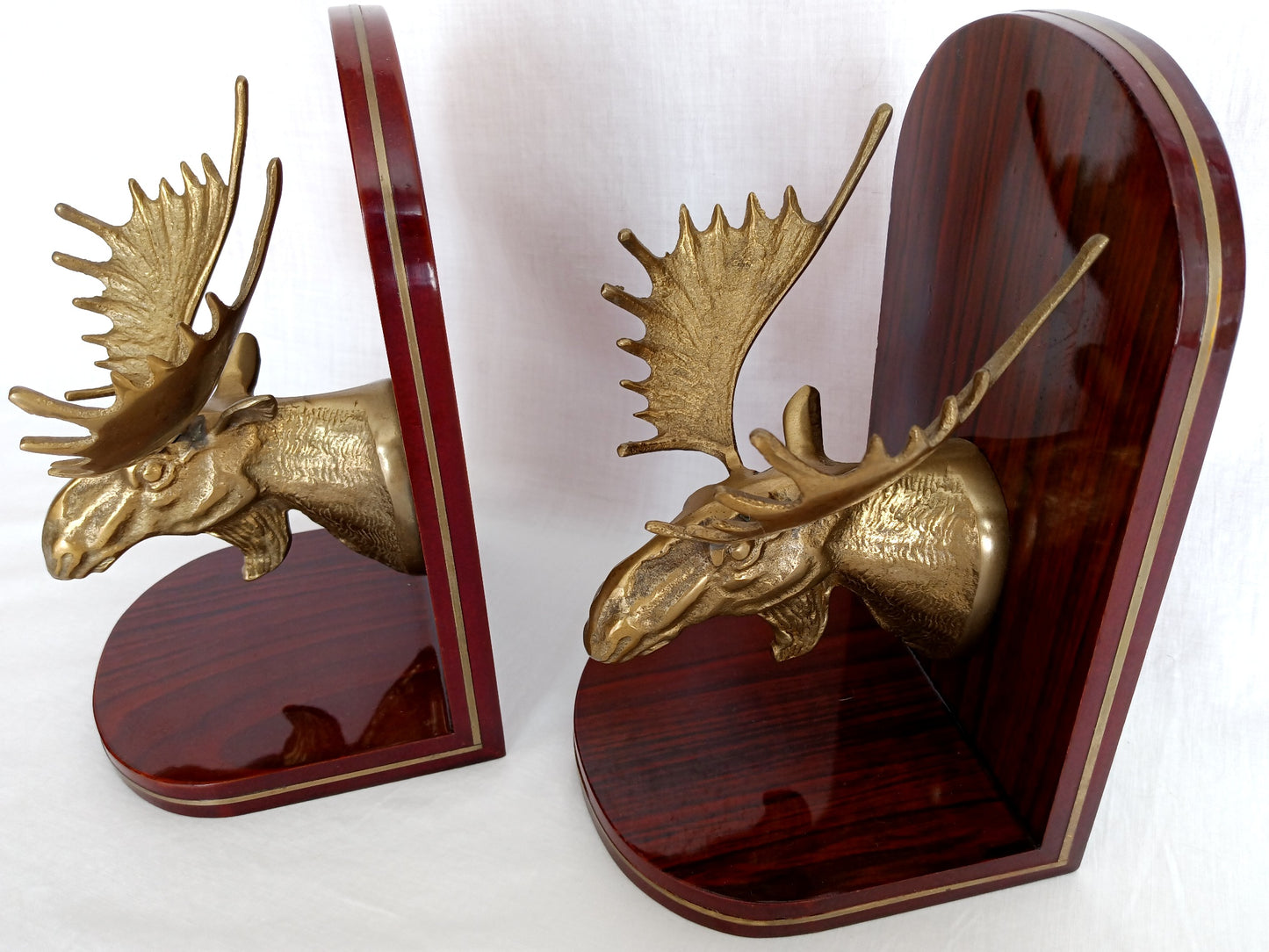 Vintage Set of 2 Solid Brass Moose Heads Bookends Mounted on Cherry Type Wood Home Accent Gift for Him Office Display Gatco-Made in Korea