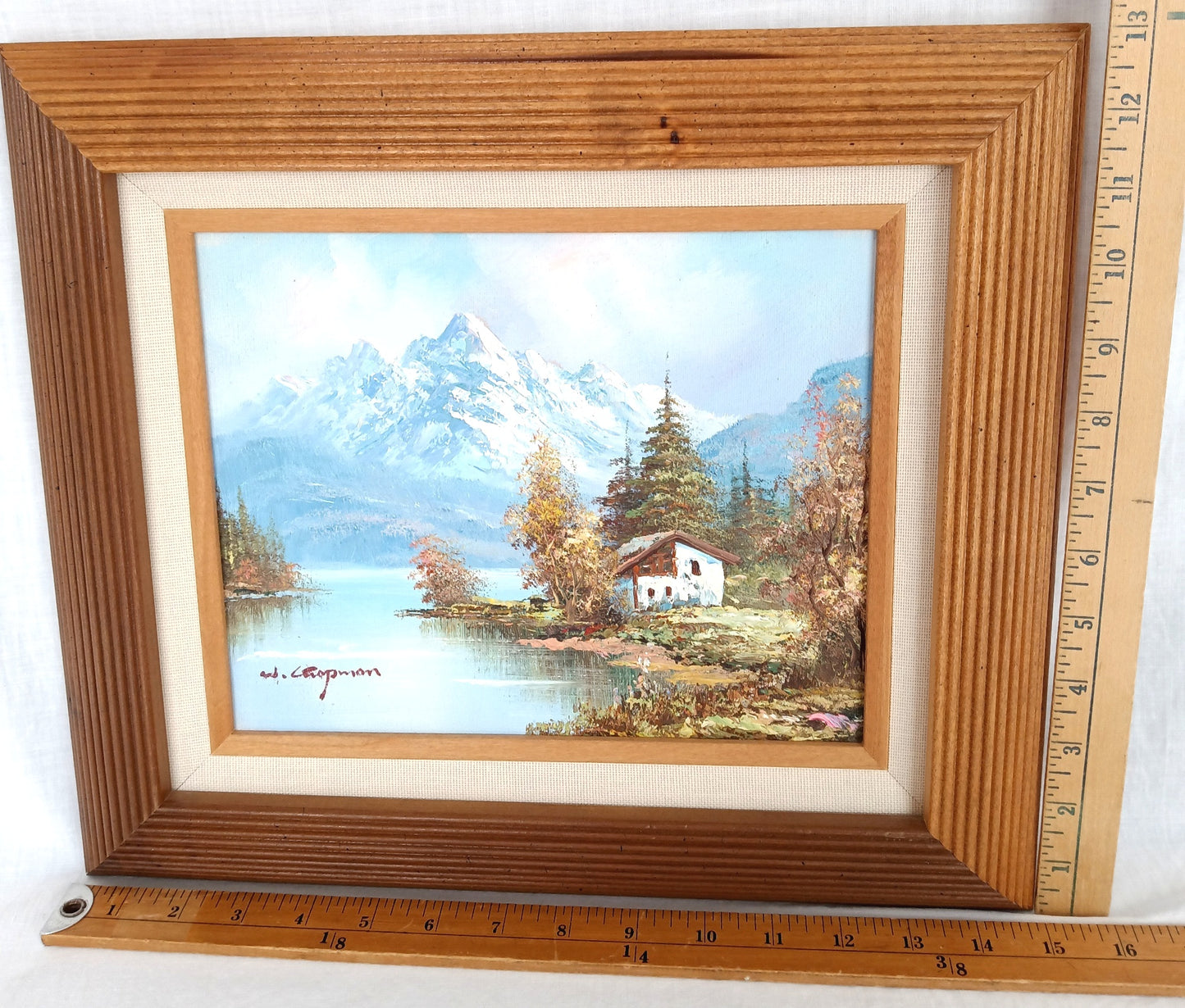 Vintage Oil Painting on Canvas Autumn Fall Mountain Scene Lake Landscape Wooden Frame Artwork Painting Wall Art Signed W. Chapman