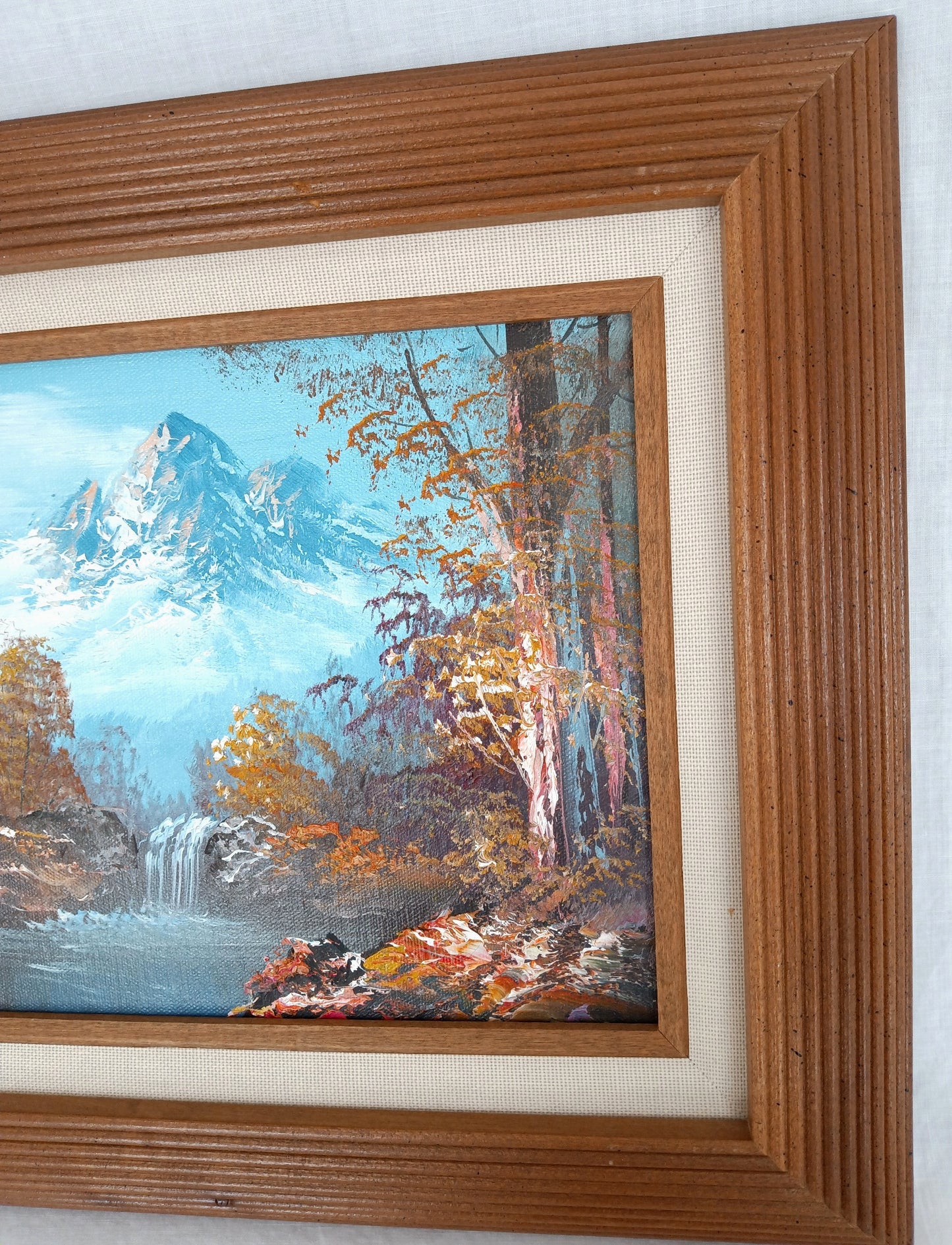 Vintage Oil Painting on Canvas Autumn Fall Mountain Scene Waterfall Landscape Wooden Frame Artwork Painting Wall Art Signed by Artist