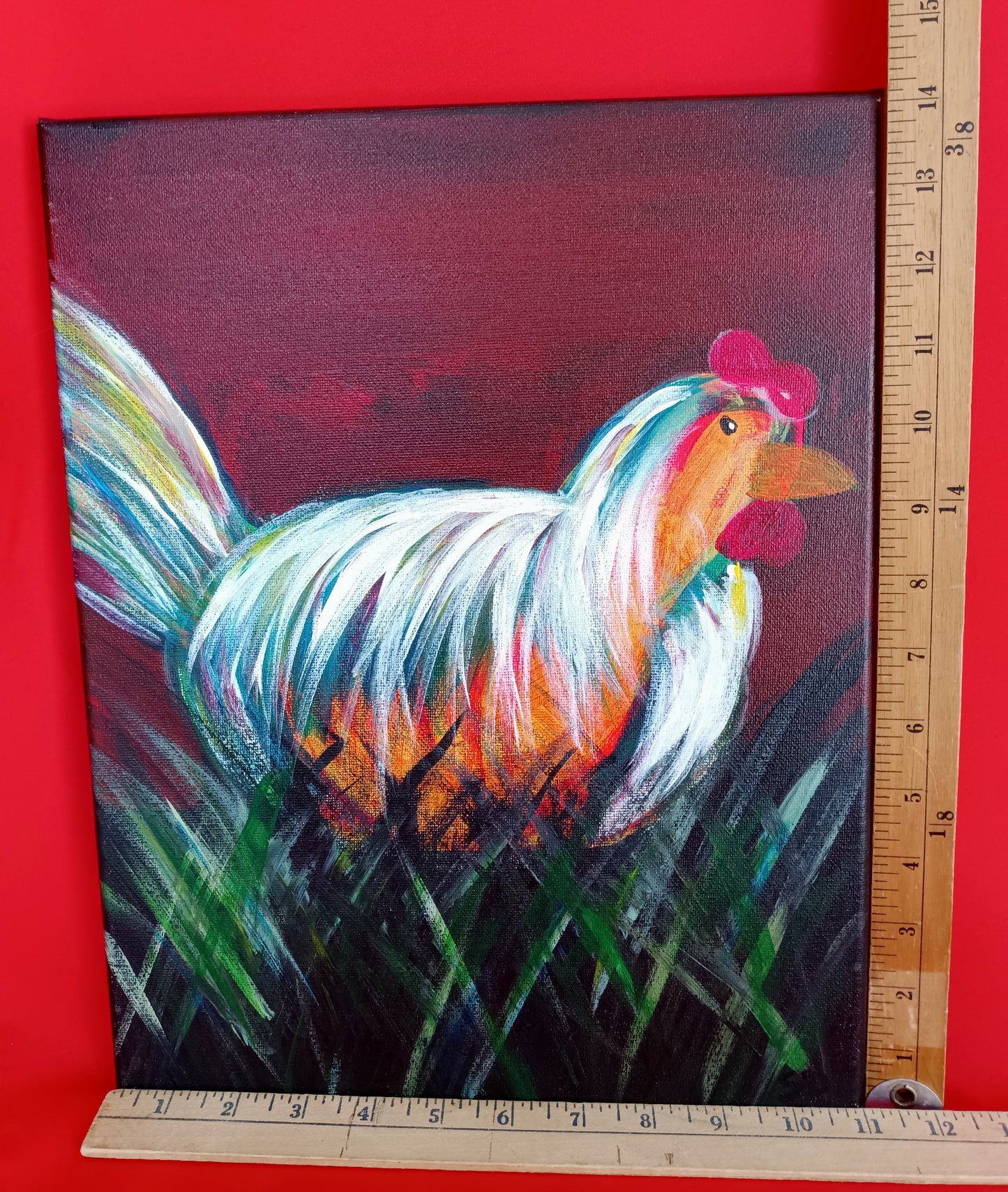 Oil Painting on Canvas Colorful Rooster Wall Art Stretched Canvas over Wood Abstract Artwork Animal Art Country Farmhouse Décor-NOS