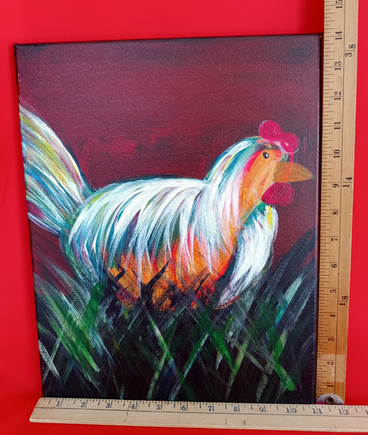 Oil Painting on Canvas Colorful Rooster Wall Art Stretched Canvas over Wood Abstract Artwork Animal Art Country Farmhouse Décor-NOS