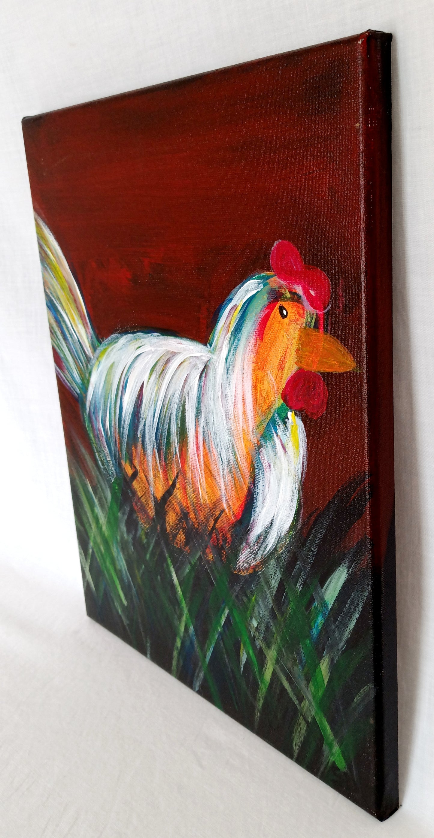 Oil Painting on Canvas Colorful Rooster Wall Art Stretched Canvas over Wood Abstract Artwork Animal Art Country Farmhouse Décor-NOS