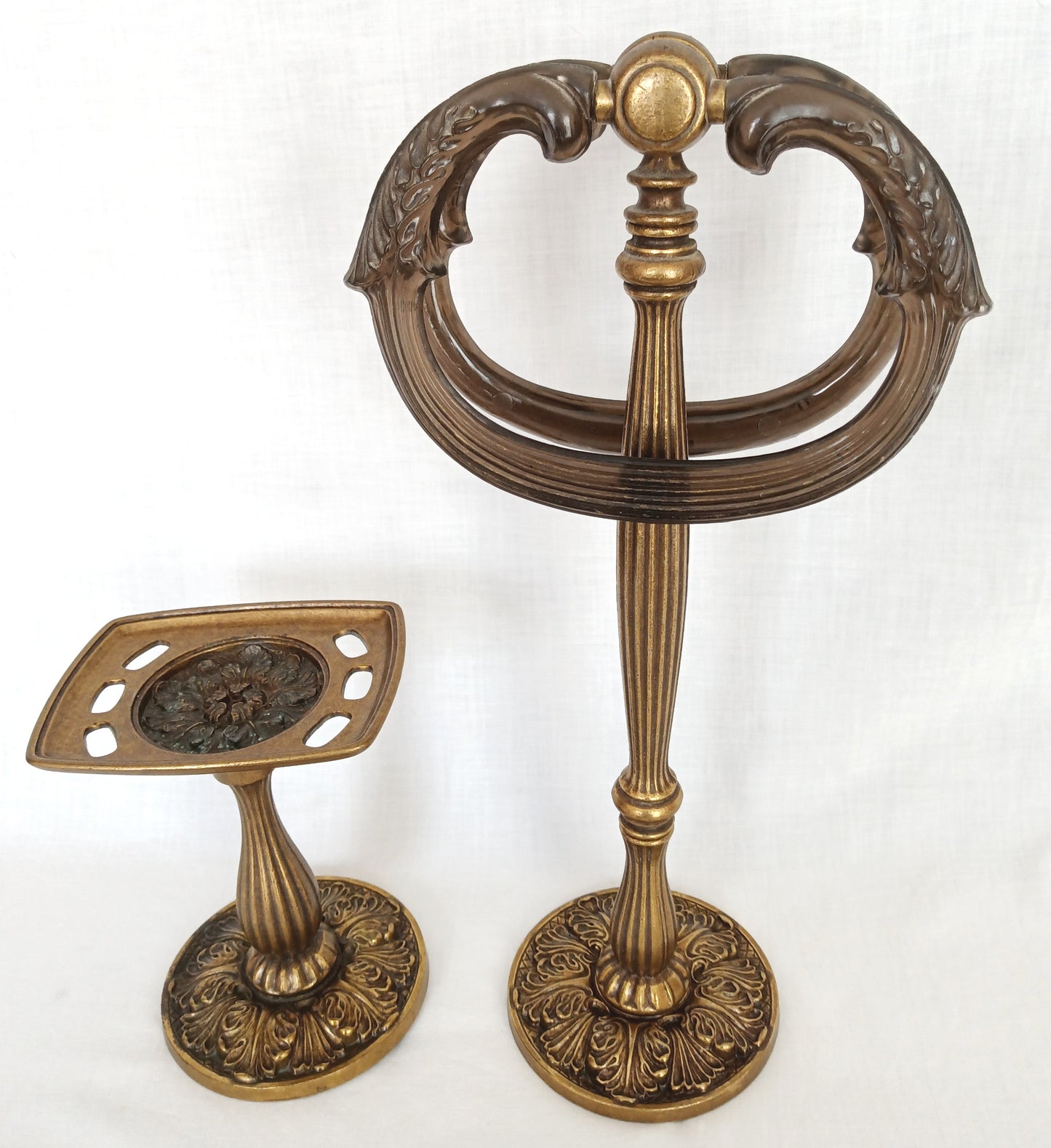 Set of 2 Bathroom Accessories Brass Resin Double Rings Towel Stand Tumbler &Toothbrush Holder Neo Classical Ornate Pedestal Style BF 118