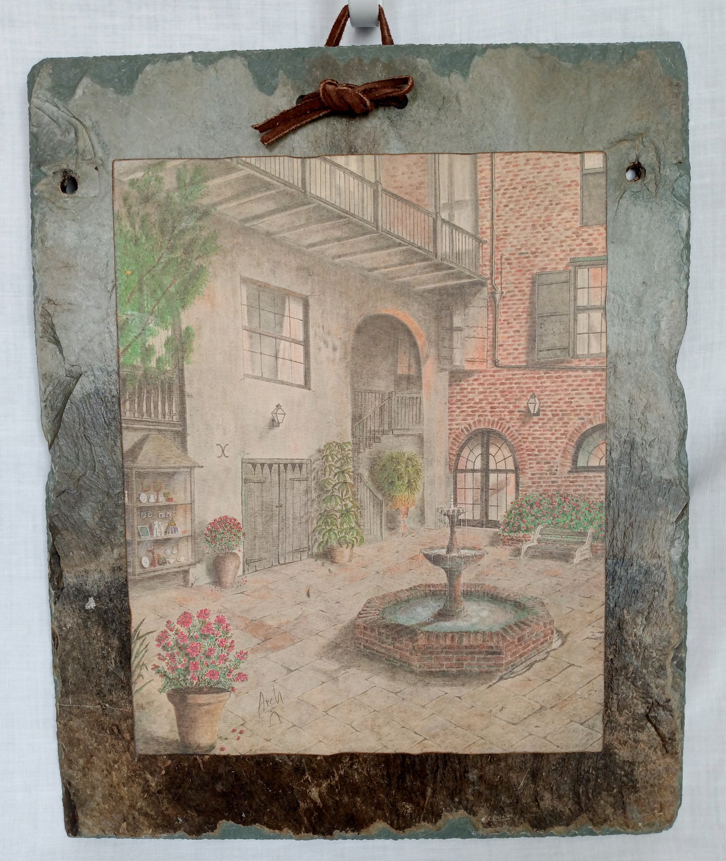 Antique Handcrafted Roofing Slate Vintage Lithograph Print Archie Boyd Brulator Court New Orleans Wall Art Signed Arch