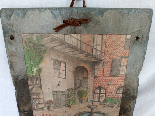 Antique Handcrafted Roofing Slate Vintage Lithograph Print Archie Boyd Brulator Court New Orleans Wall Art Signed Arch