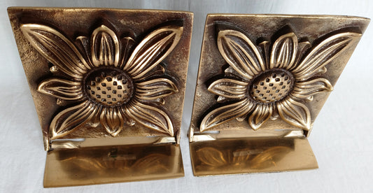 Vintage Mid Century Solid Brass Pair Bookends Hinged Folding Sunflower Design Bookends Home Office Decor