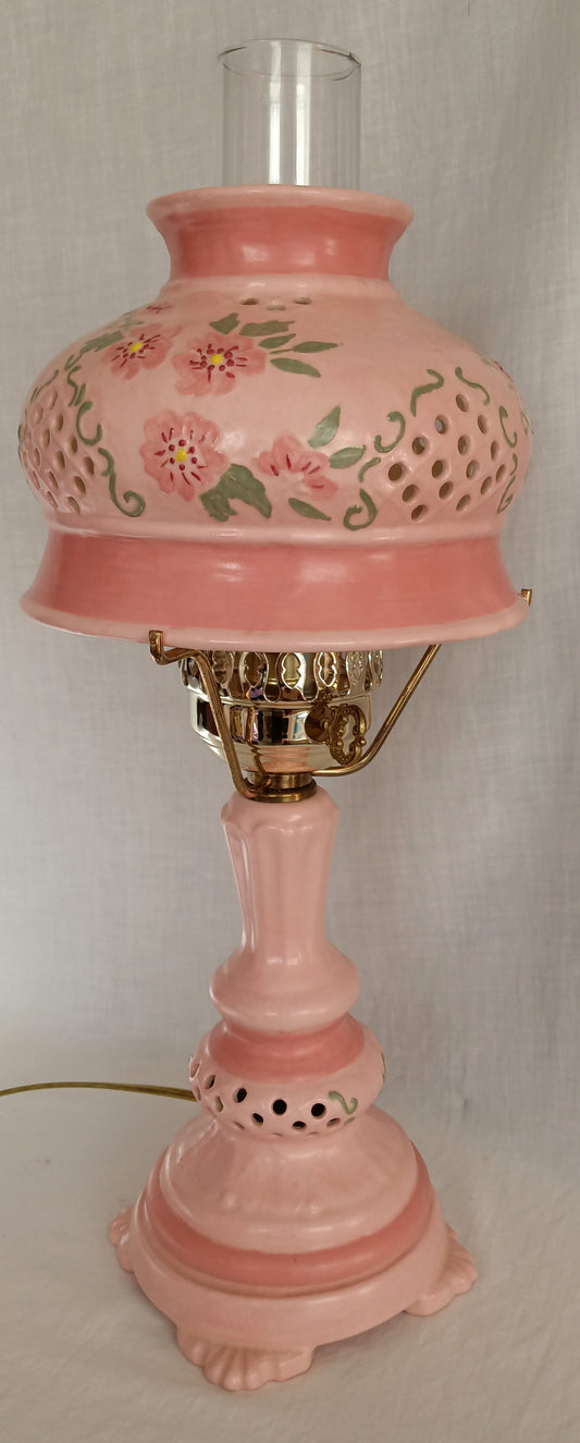 Vintage Pink Ceramic 3 Way Accent Lamp Hand Painted Glazed Raised Flowers Design Footed Open Cut Accent w/ Chimney Signed BL- OOAK