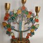 Vintage Tree of Life 3 Candle Holder Multi-Colored Enamel on Brass Leaves Grapes Design Menorah Candle Holder Candelabra Made in Israel