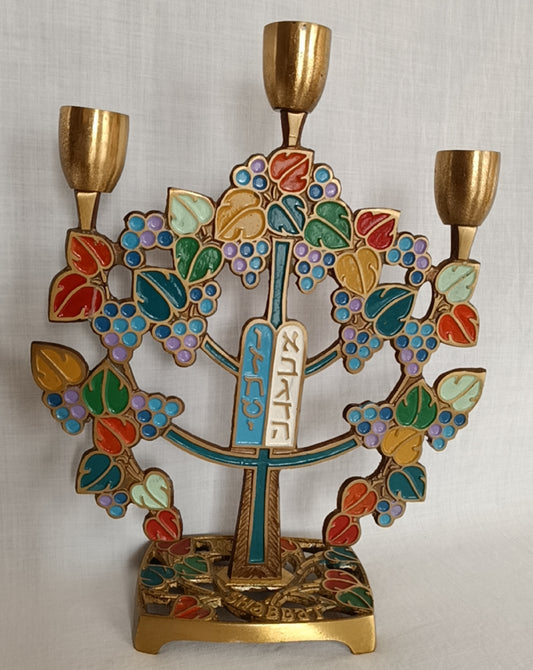 Vintage Tree of Life 3 Candle Holder Multi-Colored Enamel on Brass Leaves Grapes Design Menorah Candle Holder Candelabra Made in Israel