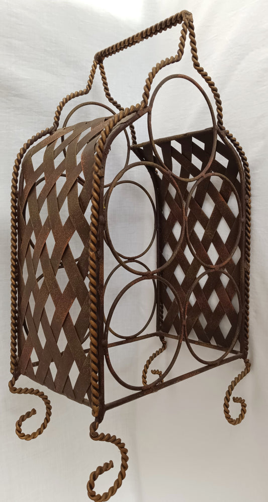 Vintage Ornate Metal Portable Wine Rack 5 Bottles Freestanding Caddy Storage Holder w/ Handle Table Countertop Floor Bar Décor-NOS