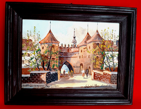 Vintage Small Oil Painting on Board of Medieval Fortifications of Barbican in Warsaw Poland 1993 Signed