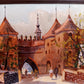 Vintage Small Oil Painting on Board of Medieval Fortifications of Barbican in Warsaw Poland 1993 Signed