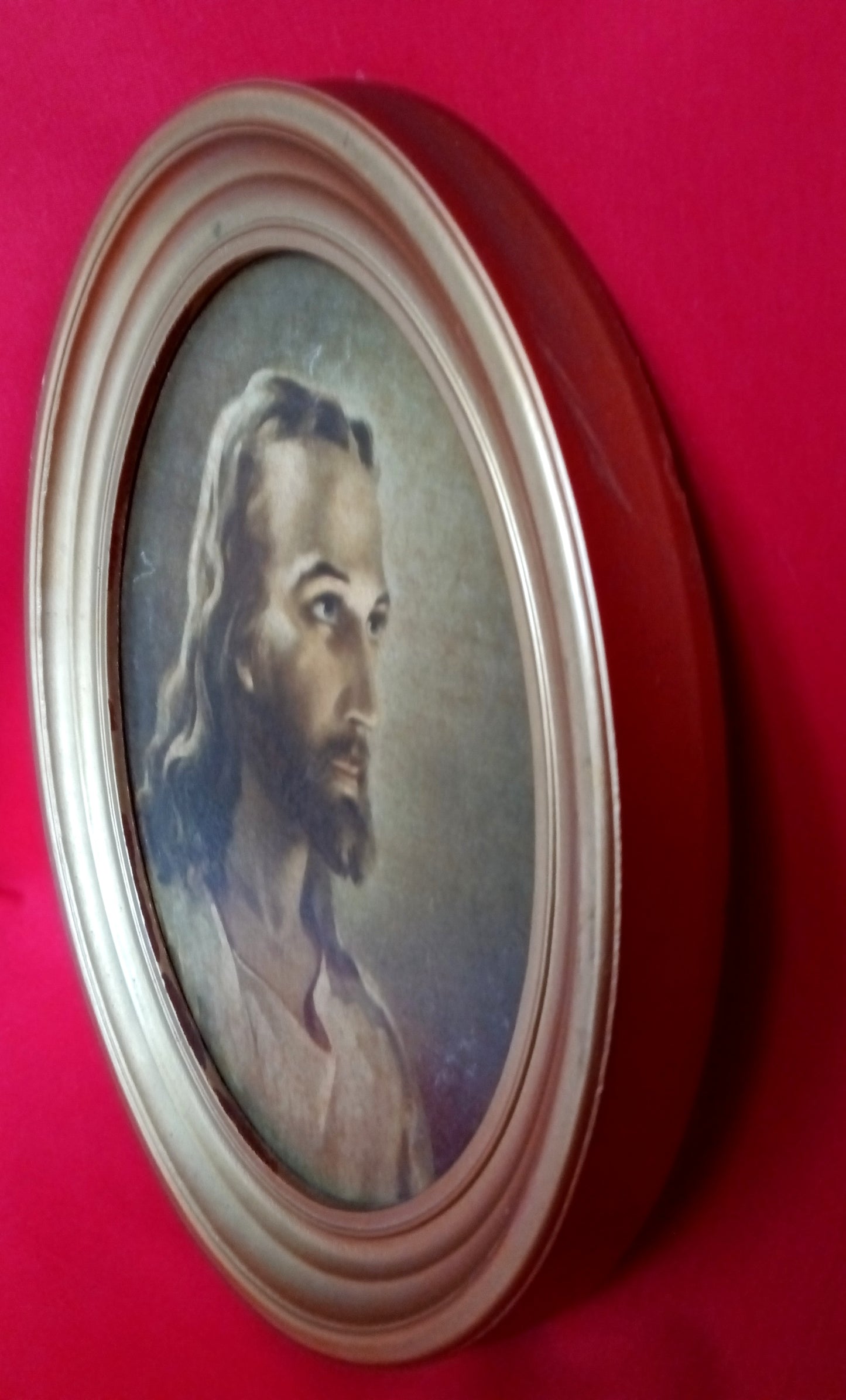 Vintage Sallman’s Head of Christ Lithography in Oval Gold Wooden Framed Wall Art Plaque Christian Religious Gift Divine Inspiration