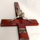 Vintage Walnut Silver Jesus Corpus Crucifix Religious Roman Catholic Occult Beveled Wooden Tall Cross Wall Hanging 15” H