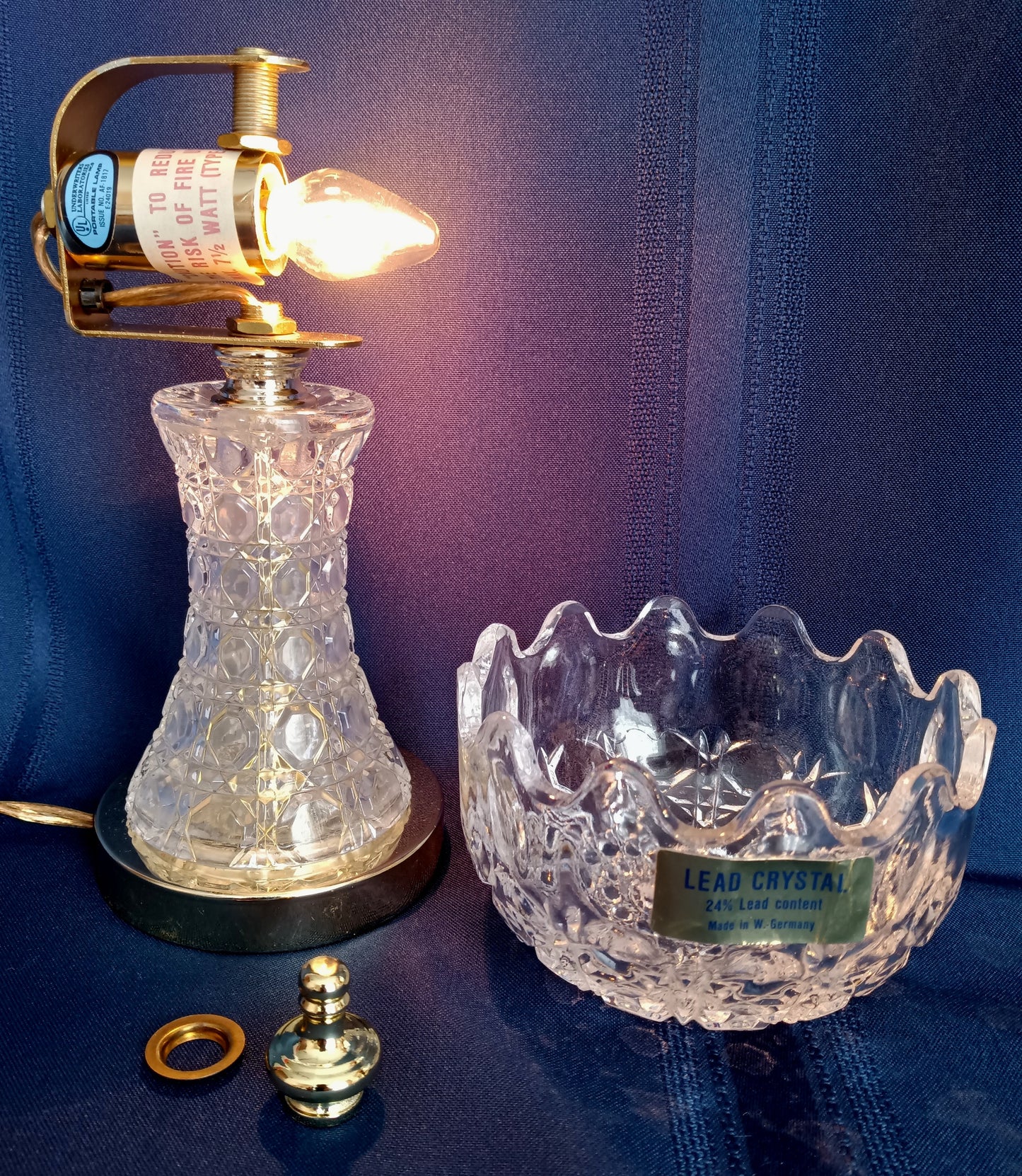 Vintage Small Lamp w/Shade Lead 24%Crystal Glass Cut Geometric Design in Cord Switch Brass Finial End Table Accent Lamp-Made in W. Germany