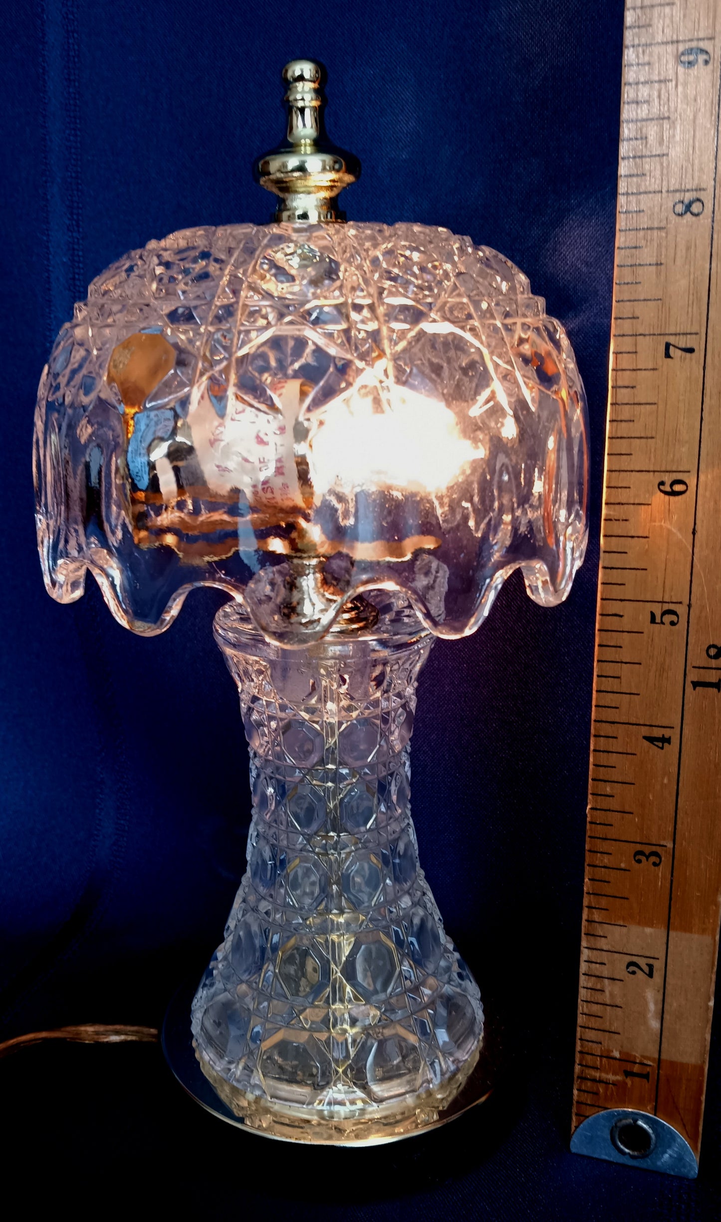 Vintage Small Lamp w/Shade Lead 24%Crystal Glass Cut Geometric Design in Cord Switch Brass Finial End Table Accent Lamp-Made in W. Germany