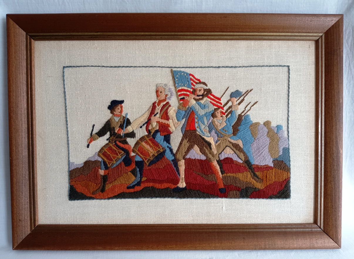 Vintage Americana Wall Art Framed Hand Embroidered The Spirit of 76Ya