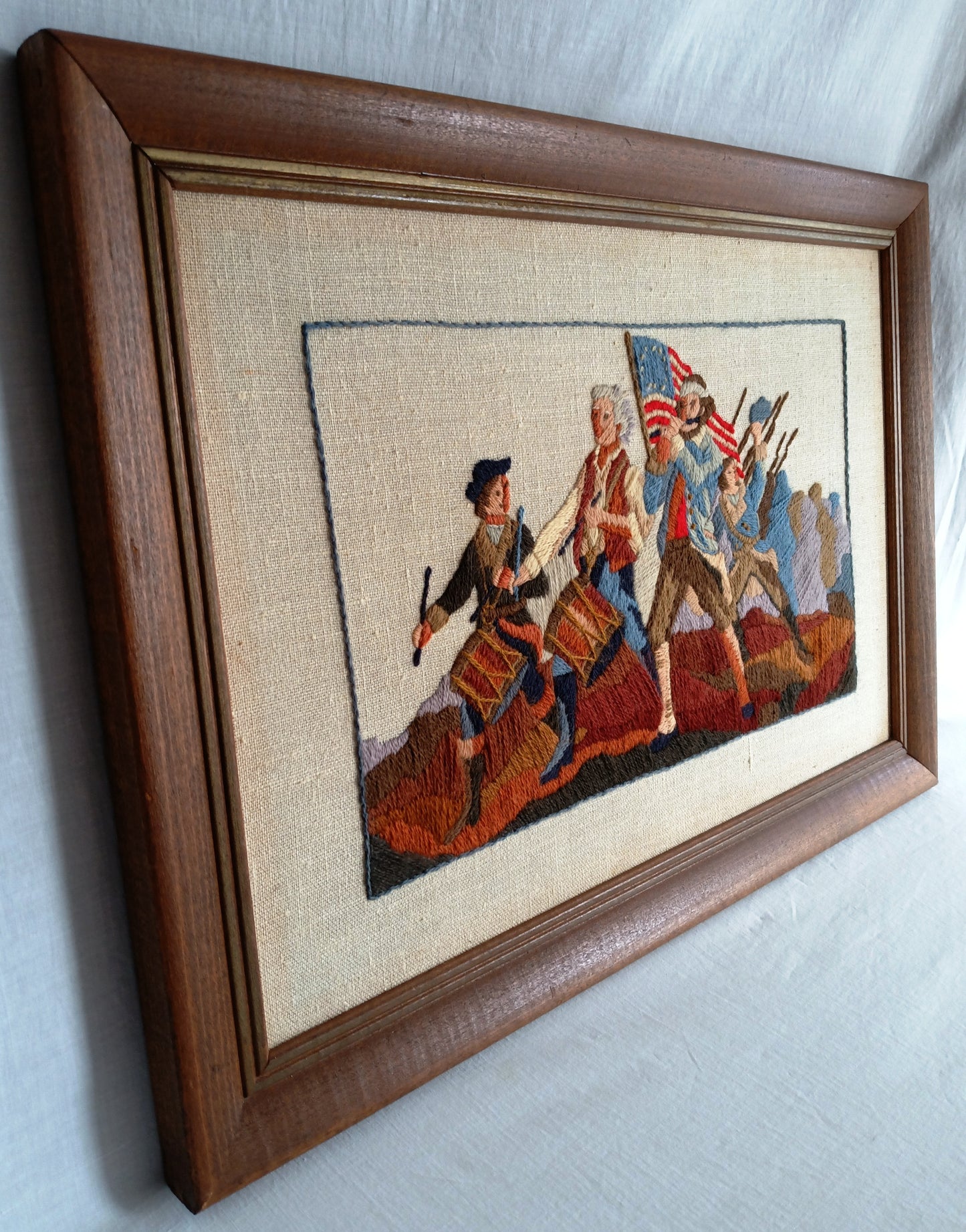 Vintage Americana Wall Art Framed Hand Embroidered The Spirit of 76-Yankee Doodle-War of 1812 Crewel Wool Linen Patriotic Wall Hanging