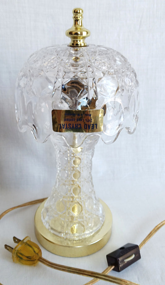 Vintage Small Lamp w/Shade Lead 24%Crystal Glass Cut Geometric Design in Cord Switch Brass Finial End Table Accent Lamp-Made in W. Germany