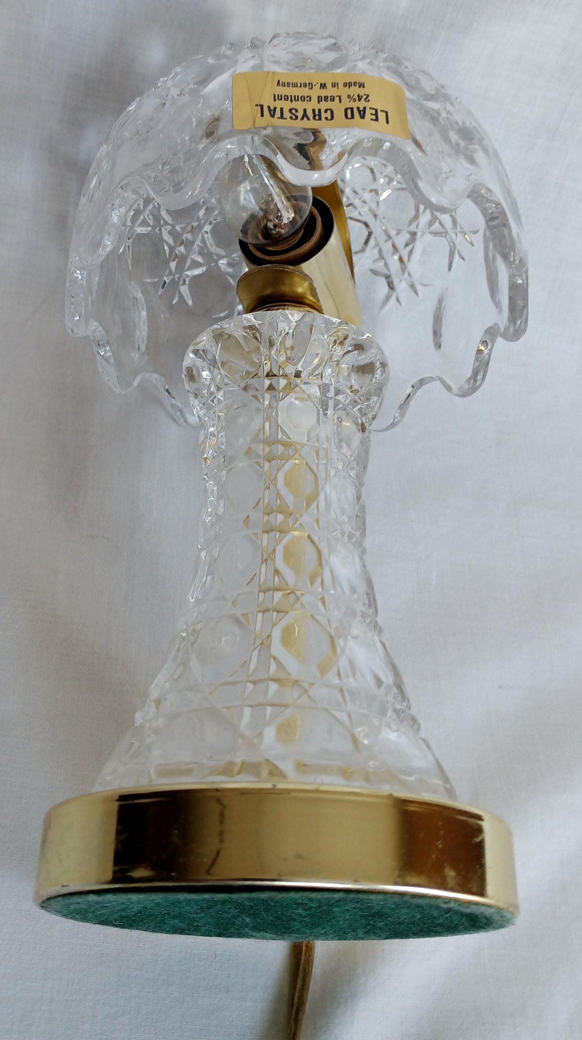 Vintage Small Lamp w/Shade Lead 24%Crystal Glass Cut Geometric Design in Cord Switch Brass Finial End Table Accent Lamp-Made in W. Germany