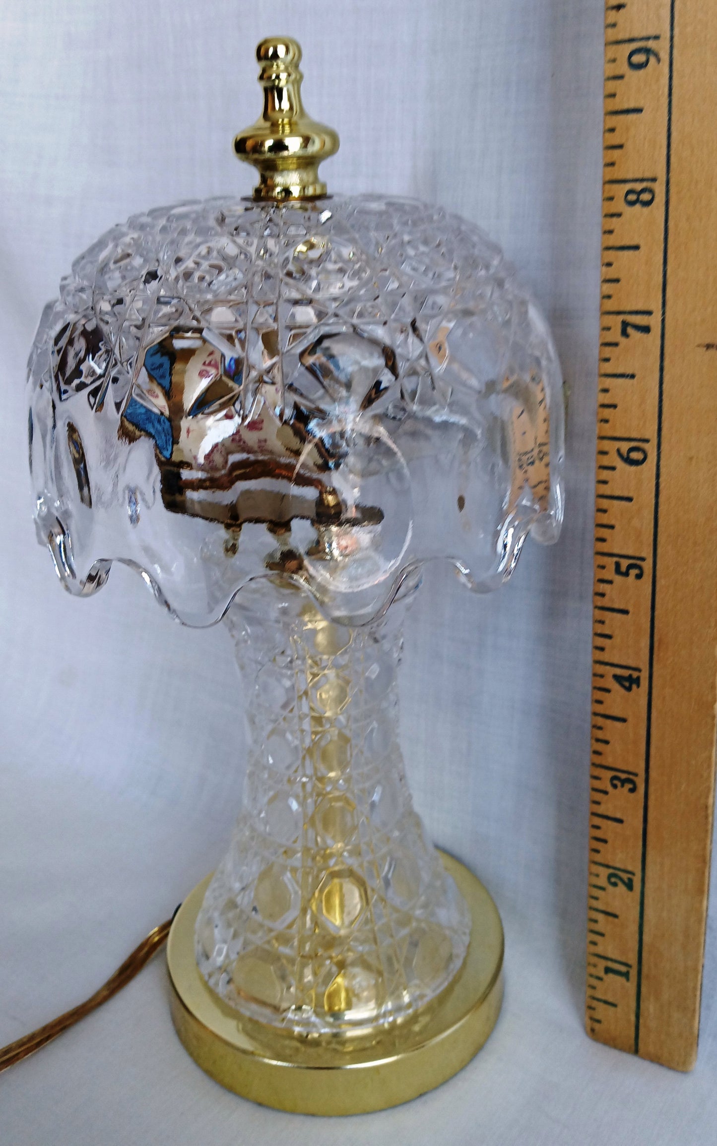 Vintage Small Lamp w/Shade Lead 24%Crystal Glass Cut Geometric Design in Cord Switch Brass Finial End Table Accent Lamp-Made in W. Germany