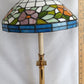 Vintage Tiffany Style Brass Tall Table Lamp Ornate Floral Leaded Stained Slag Glass Dome Shade 2 Way Inline Light Control Switch Harp Finial
