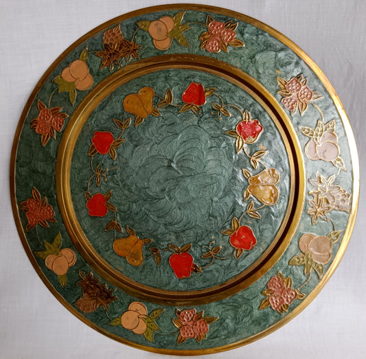 Vintage Enamel Brass Large Decorative Tray/Plate Fruits Motif Enamel Cloisonné Centerpiece Tableware Ornament Home Décor 12.5”D - Made in India
