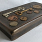 Vintage Handcrafted Ceramic Box Designed with Coins Keys Inlaid in Lid Cigar Trinket Jewelry Box Collectible Pottery –OOAK