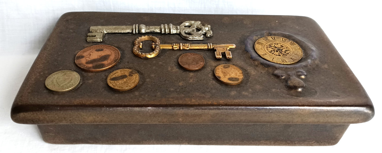 Vintage Handcrafted Ceramic Box Designed with Coins Keys Inlaid in Lid Cigar Trinket Jewelry Box Collectible Pottery –OOAK