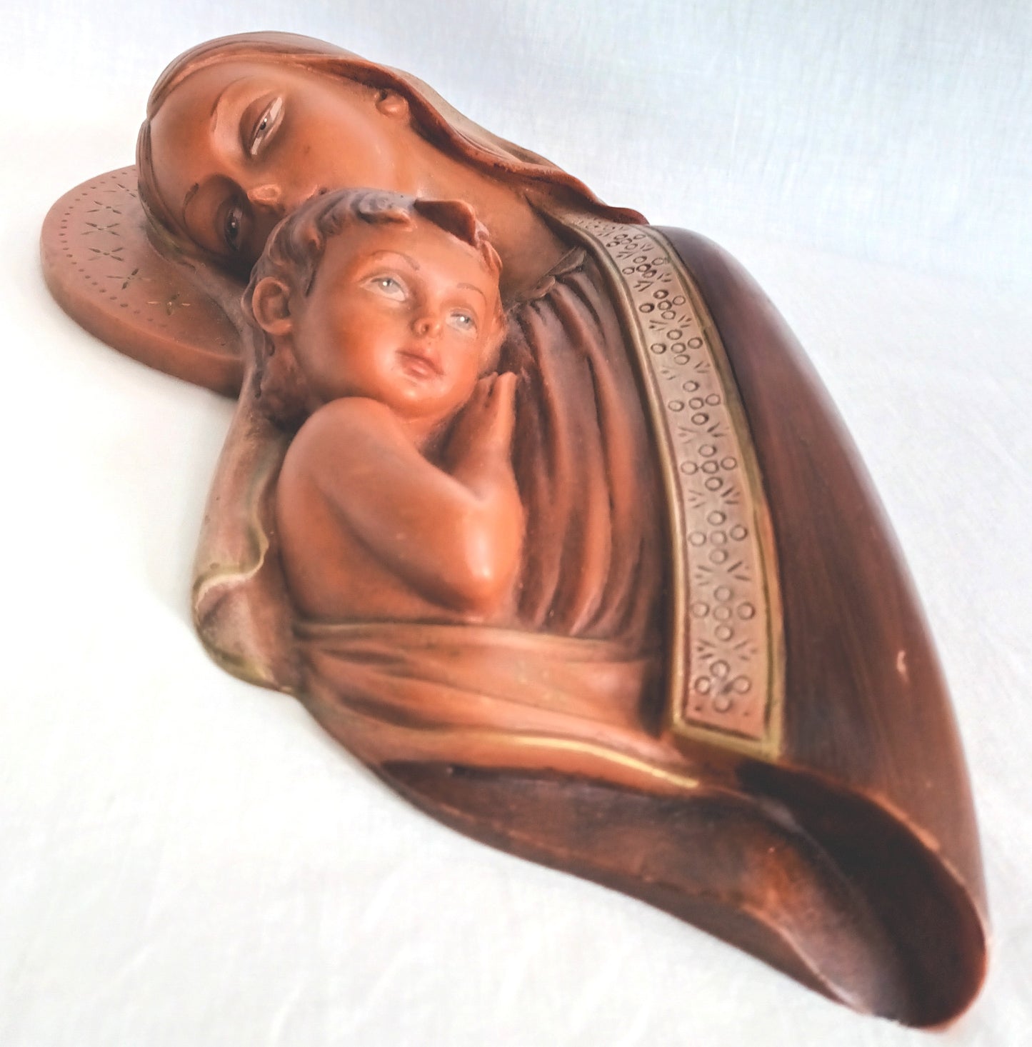 Vintage Gilded Ceramic Stoneware Madonna with Child Jesus Wall Hanging Figurine Religious Statuette Relief Wall Plaque-Made in Italy