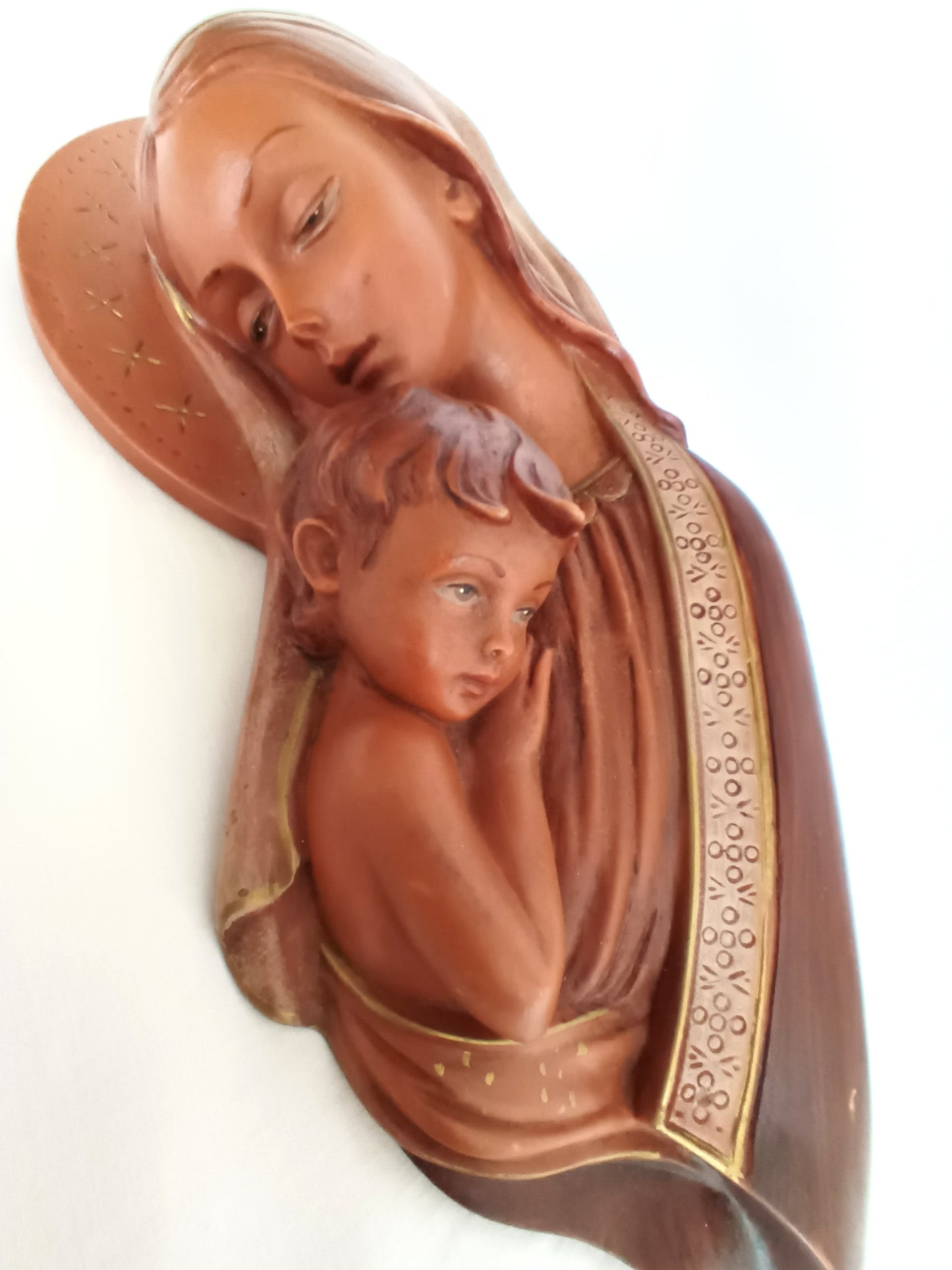 Vintage Gilded Ceramic Stoneware Madonna with Child Jesus Wall Hanging Figurine Religious Statuette Relief Wall Plaque-Made in Italy
