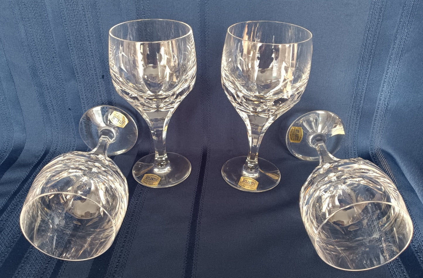 Vintage Set of 4 Wine Water Goblets Evora Atlantis Hand Blown and Cut Full Lead Heavy Clear Crystal Barware - Made in Portugal - NOS –NIB